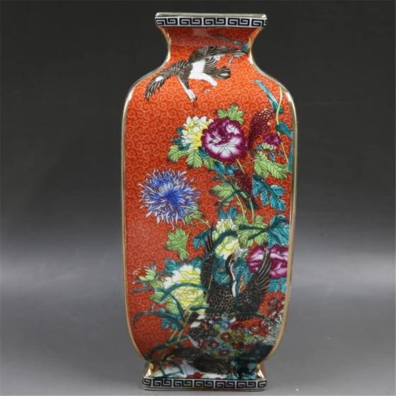 ZSEDP Orange Antique Porcelain Collection of Enamel Colored Flower and Bird Square Antique Porcelain