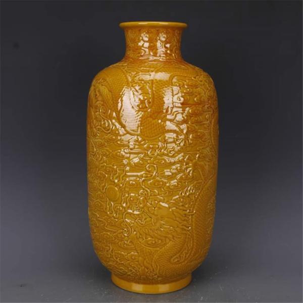 ZHYH Antique Yellow Glaze Embossed Home Decoration Porcelain Flower Vase Collection Vase