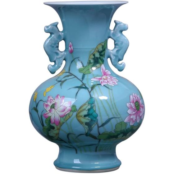 Boge Antique Celadon Vase Furnishing Articles Blue Glaze Peony Flower Study Decorative Ceramic Arts and Crafts