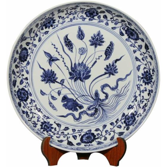 LIUYUNQI 16 Inch Antique Classic Hand Painted Blue and White Decoration Round Ceramic Plate