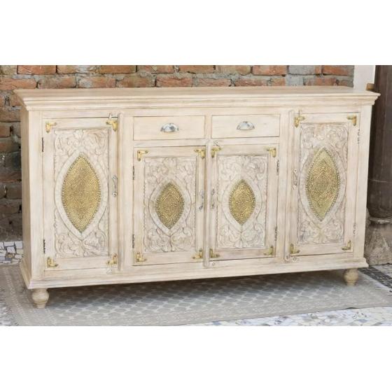 Antique Indian Brass Work Hand Carved Solid Wooden Sideboard Whitewash Mango Wood Indian Arched Sideboard Cabinet Storage Units Indian Solid Wood Finish,Living Room Bedroom Furniture,Modern Sideboard