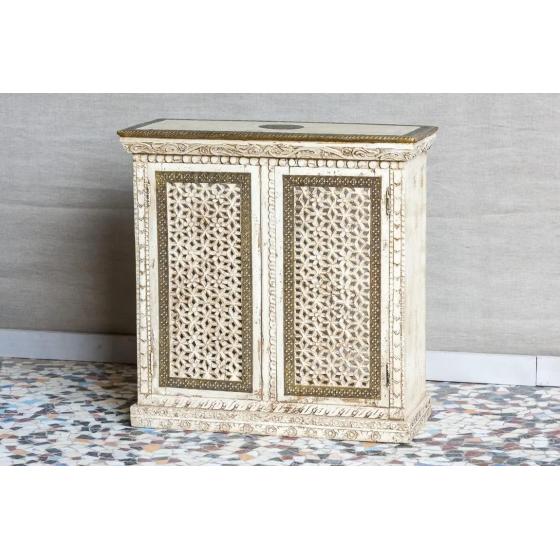 Antique Indian Brass Work Hand Carved Solid Wooden Cabinet Whitewash, Cabinet Storage Units Indian Solid Wood,Living Room Bedroom Furniture,Modern Cabinet