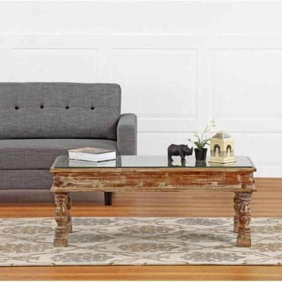 Emboss Antique Brass Work Solid Wood Window Panel Coffee Table Whitewash Coffee Table Indian Wooden Hand Carved Coffee Table Opel Coffee Table