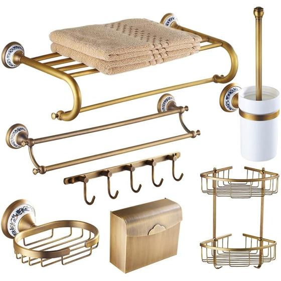 ZSEDP Antique Bathroom Blue and White Porcelain Accessories Carved Copper-Alloy Hardware Set Wall Mounted Bathroom Hardware Kit