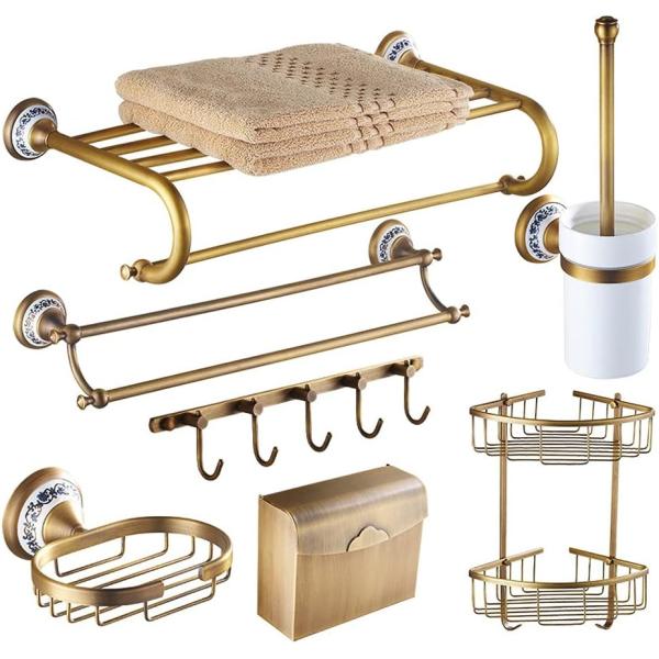 ZSEDP Antique Bathroom Blue and White Porcelain Accessories Carved Copper-Alloy Hardware Set Wall Mounted Bathroom Hardware Kit