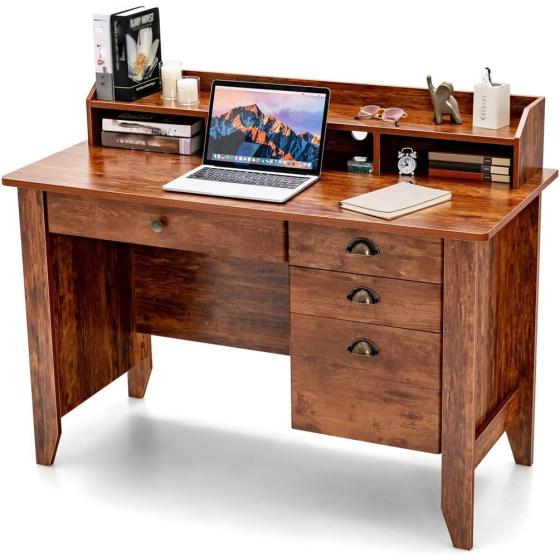 DCOT Computer Desk PC Laptop Writing Desk Workstation Antique Brown Desk with Drawers and Shelves