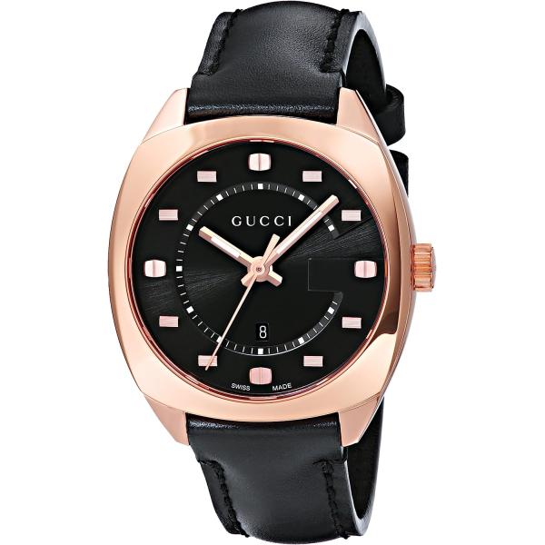 Gucci Swiss Quartz Gold-Tone and Leather Dress Black Men's Watch(Model: YA142407)