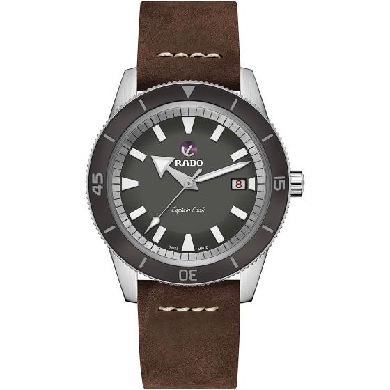 Rado Men's Captain Cook Leather Swiss Automatic Watch, Gray