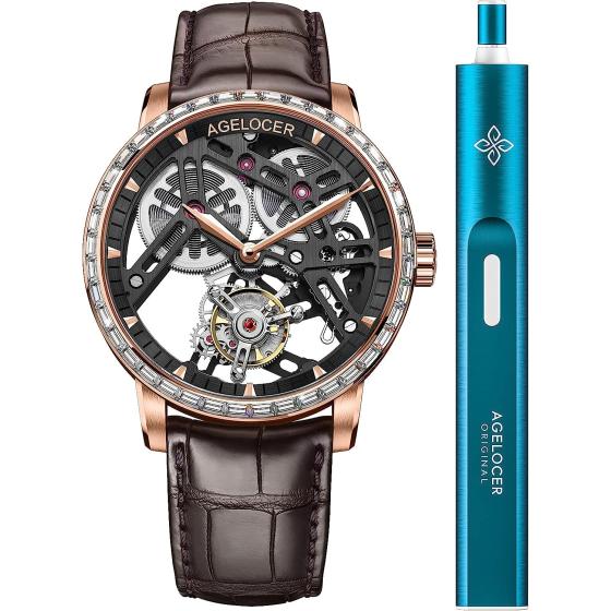 AGELOCER Mens Watch Tourbillon Double-Sided Hollow Self Winding Mechanical Leather Luxury Watches for Men