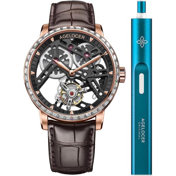AGELOCER Mens Watch Tourbillon Double-Sided Hollow Self Winding Mechanical Leather Luxury Watches for Men