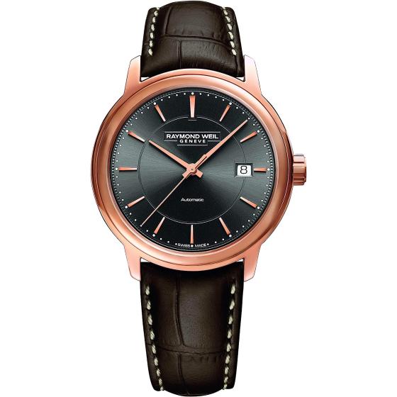 RAYMOND WEIL Maestro Men's Automatic Date Watch, Grey Dial with Rose Gold Indexes, Stainless Steel with Rose Gold PVD Plating, Brown Leather Strap, 39.5 mm (Model: 2237-PC5-60011)