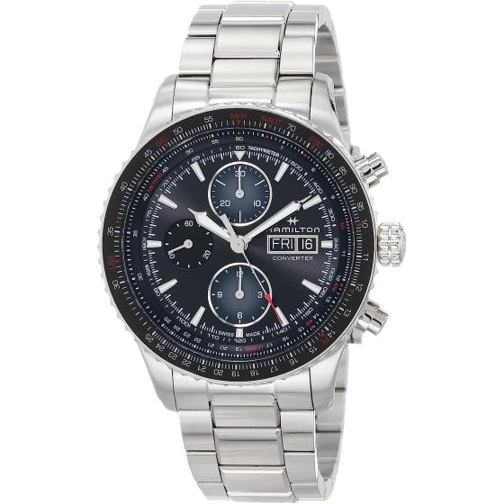 Hamilton Watch Khaki Aviation Converter Swiss Automatic Chronograph Watch 44mm Case, Black Dial, Silver Stainless Steel Bracelet (Model: H76726130)