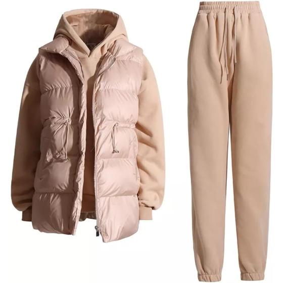 n/a Solid Three Piece Set Womens Hooded Collar Sweatshirt Turtleneck Sleeve Cotton Vest High Waist Trousers Female Sets (Color : A, Size : L Code)