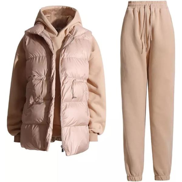 n/a Solid Three Piece Set Womens Hooded Collar Sweatshirt Turtleneck Sleeve Cotton Vest High Waist Trousers Female Sets (Color : A, Size : L Code)