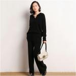 Walnut Cashmere Sweater Women Polo V Neck Set Knitting Loose Casual Wide Leg Pants Thickened Sweater Two-Piece Set (Color : D, Size : L Code)