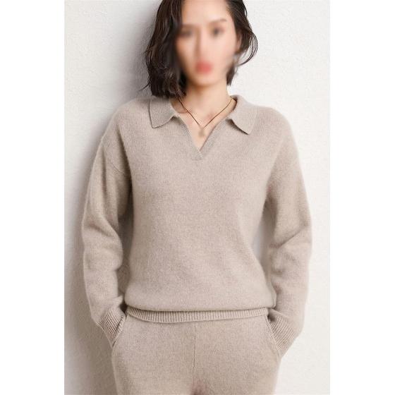 Walnut Cashmere Sweater Women Polo V Neck Set Knitting Loose Casual Wide Leg Pants Thickened Sweater Two-Piece Set (Color : D, Size : XL Code)