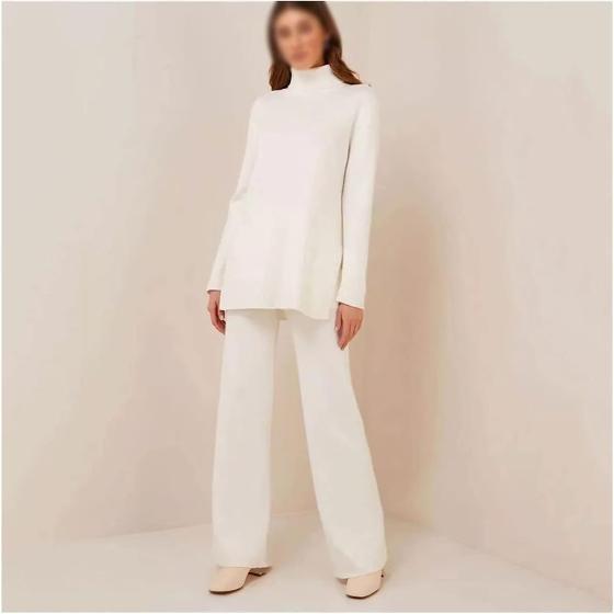 Walnut Autumn and Winter Knitted Solid Color Turtleneck Loose Sweater Wide-Leg Pants Casual Two-Piece Suit (Color : D, Size : S Code)