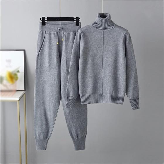 Walnut Two Pieces Cashmere Wool Suits Female Turtleneck Warm Knit Tops and Casual Pants Sets (Color : A, Size : 1)