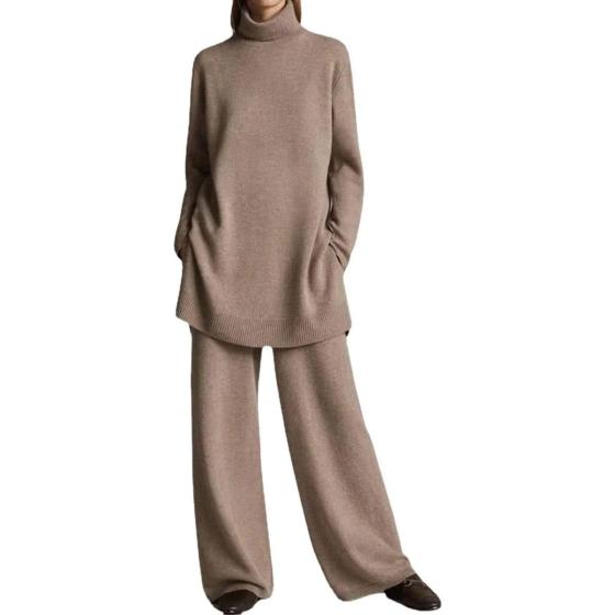 Walnut Autumn and Winter Knitted Solid Color Turtleneck Loose Sweater Wide-Leg Pants Casual Two-Piece Suit (Color : D, Size : L Code)