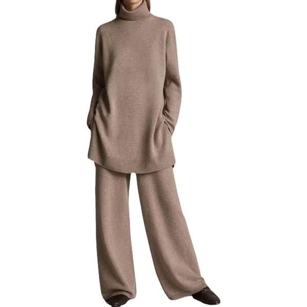 Walnut Autumn and Winter Knitted Solid Color Turtleneck Loose Sweater Wide-Leg Pants Casual Two-Piece Suit (Color : D, Size : L Code)