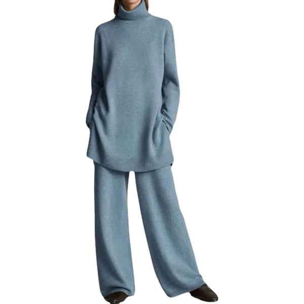Walnut Autumn and Winter Knitted Solid Color Turtleneck Loose Sweater Wide-Leg Pants Casual Two-Piece Suit (Color : D, Size : M Code)