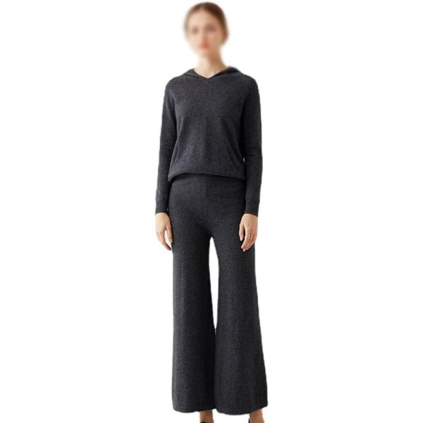 Walnut Two Pieces Cashmere Wool Suits Female Hooded Knit Sweater Set Warm Cashmere Knit Tops and Wide Leg Pant Sets (Color : D, Size : L Code)