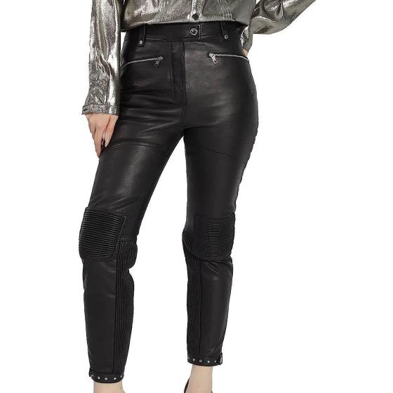 BURBERRY Black Studded Leather Trousers With Zip-detail, Brand Size 4 (US Size 2)