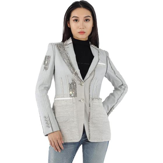 BURBERRY Ladies Grey Melange Technical Linen Blazer with Crystal Embroidery, Brand Size 6 (US Size 4)