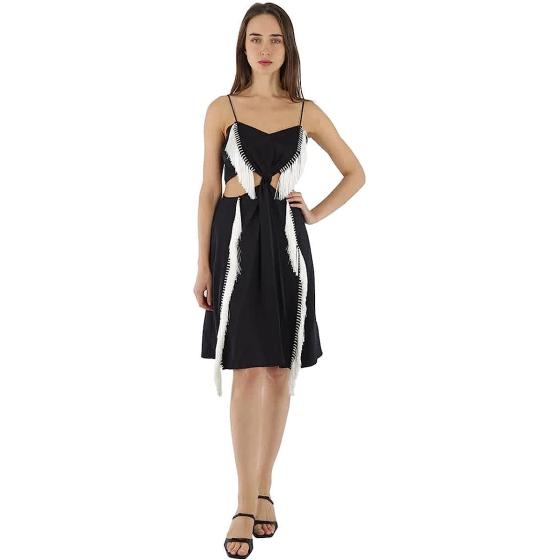 BURBERRY Black Silk Satin Slip Dress with Fringed Detail, Brand Size 6 (US Size 4)