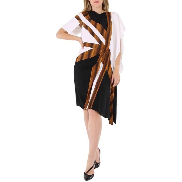 BURBERRY Flag Intarsia Asymmetric Silk Dress in Black, Brand Size 8 (US Size 6)