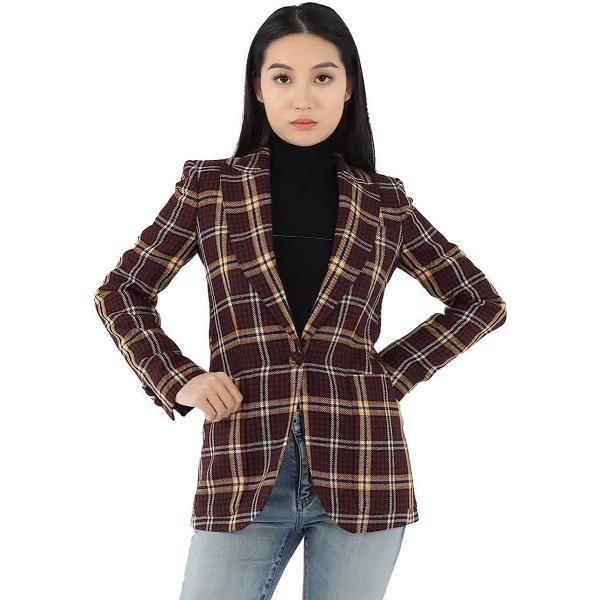 BURBERRY Ladies Burgundy Check Wool Twill Blazer