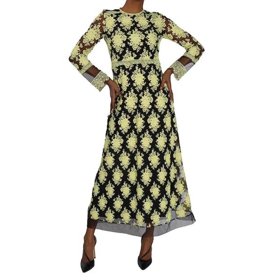 BURBERRY Floral-Embroidered Long-Sleeve Dress, Brand Size 8 (US Size 6) Yellow