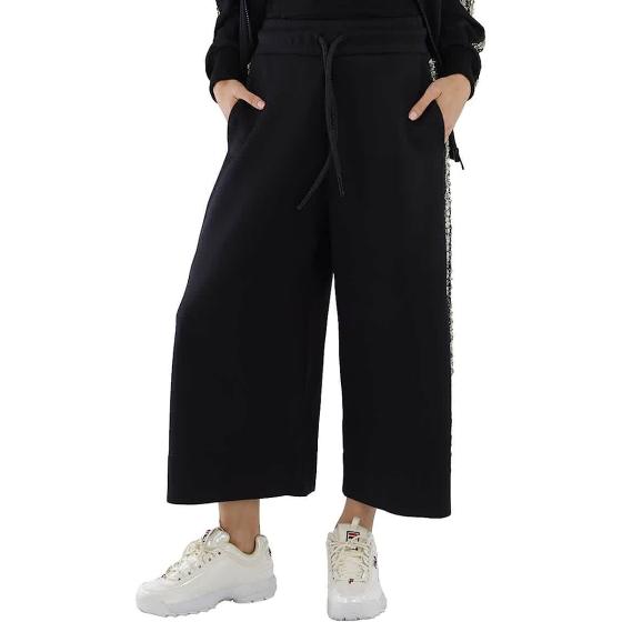 Burberry Ladies Black Crystal Detail Wide-leg Jersey Cropped Track Pants