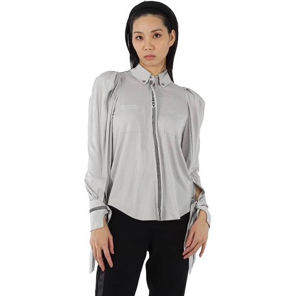 Burberry Grey Melange Stripe And Logo-trimmed Wool And Silk Shirt, Brand Size 8 (US Size 6)