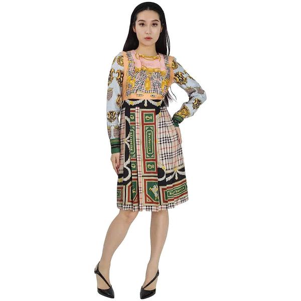 BURBERRY Long Sleeve Archive Scarf Print Pleated Silk Dress, Brand Size 2 (US Size 0) Multicolour