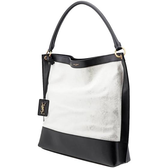 SAINT LAURENT Canvas And Leather Tag Hobo Bag, Off White/Black