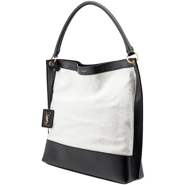 SAINT LAURENT Canvas And Leather Tag Hobo Bag, Off White/Black