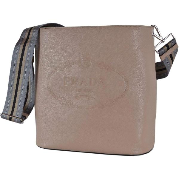 Prada Beige Logo Web Stripe Strap Pebbled Leather Crossbody Shopping Tote Bag 1BE023