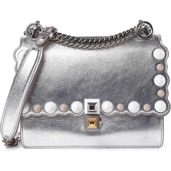 Fendi Kan I Metallic Silver Calfskin Scalloped Studded Small Shoulder Bag 8M0381