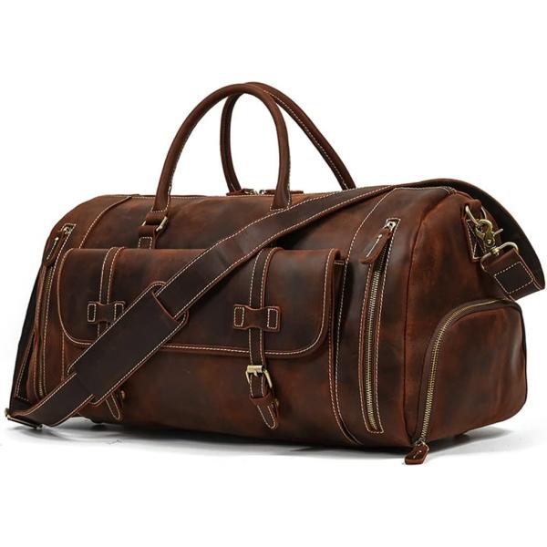 ZLXDP Leather Men's Travel Bag with Shoe Pocket 20 Inch Big Capacity Vintage Leather Weekend Messenger Bag