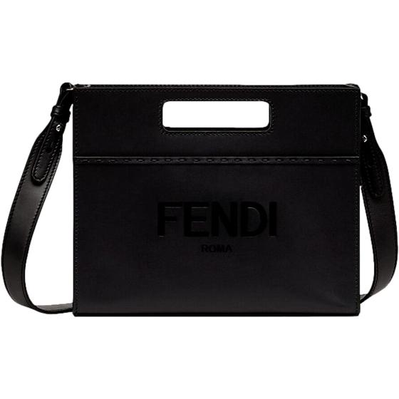 FENDI Logo 2-Way Smooth Black Leather Small Tote Bag 7VA547