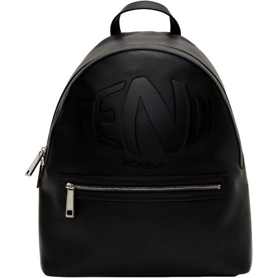 FENDI Roma Warped Logo Black Leather Backpack 7VZ042