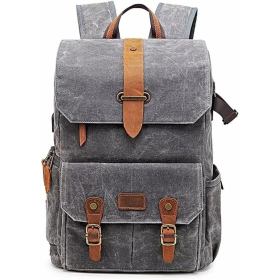 SXDS Photography Retro Waterproof Batik Canvas Backpack W USB Port Fit 15.6inch Laptop Men Camera Bag Carry Case (Color : Gray, Size : 28 * 16 * 43cm)