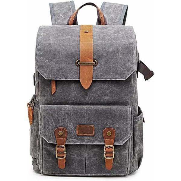SXDS Photography Retro Waterproof Batik Canvas Backpack W USB Port Fit 15.6inch Laptop Men Camera Bag Carry Case (Color : Gray, Size : 28 * 16 * 43cm)