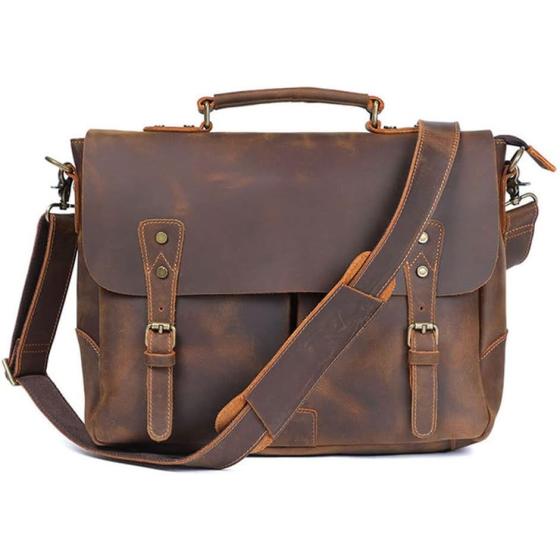 DLOETT Crazy Horse Leather Handbag Men's Travel Messenger Bag Men's Messenger Bag Laptop Bag