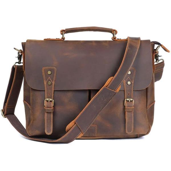 DLOETT Crazy Horse Leather Handbag Men's Travel Messenger Bag Men's Messenger Bag Laptop Bag