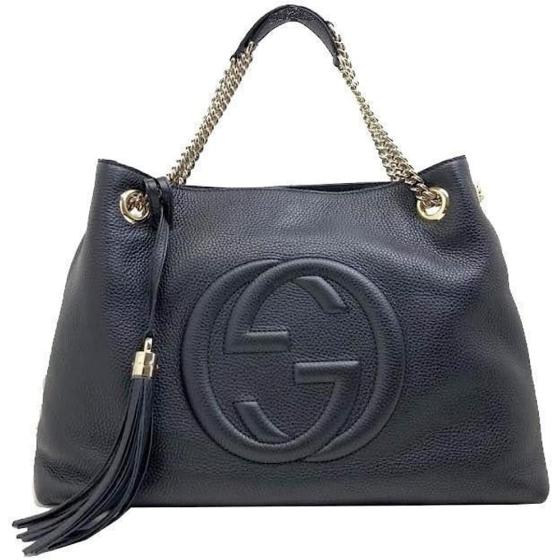 Gucci SOHO Black GG Logo Leather Chain Tote Bag Style 536196
