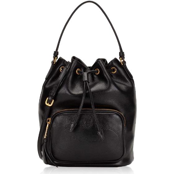 Prada Women's Sechiello Nero Black Glace Calf Leather Bucket Bag 1BH038 (Black)