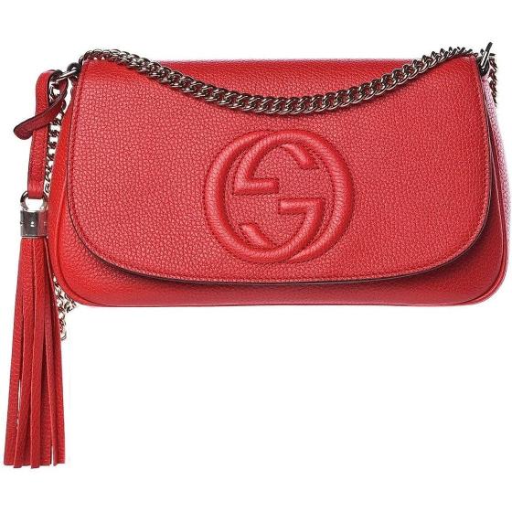 Gucci Soho Interlocking GG Red Leather Chain Flap Shoulder Bag Handbag Italy New