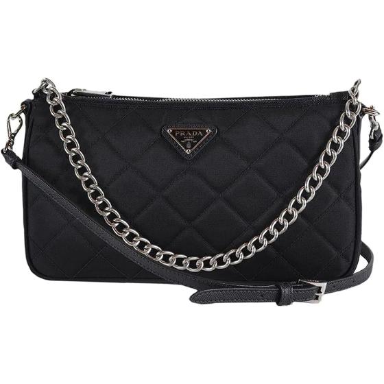 Prada Quilted Tessuto Nylon Chain Black Convertible Shoulder Bag 1BH026